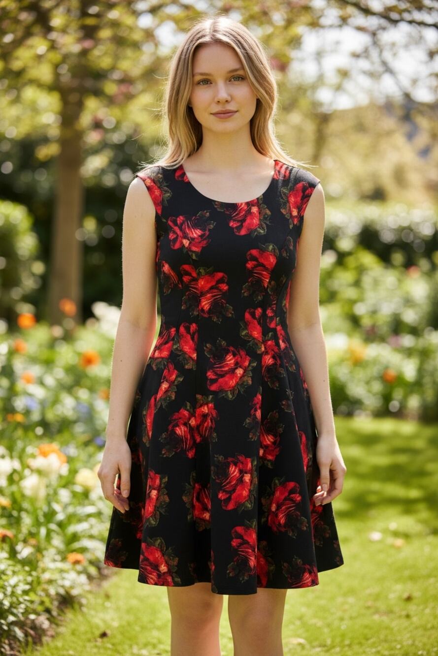 BETSEY JOHNSON Dress Size M Black w/ Roses Floral Flowers Mini Fit Flare